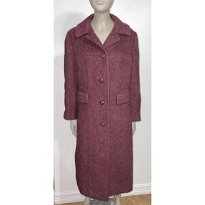 Vintage Bromley Burgundy 100% Wool Knee Length Coat Pockets Button Down Lined